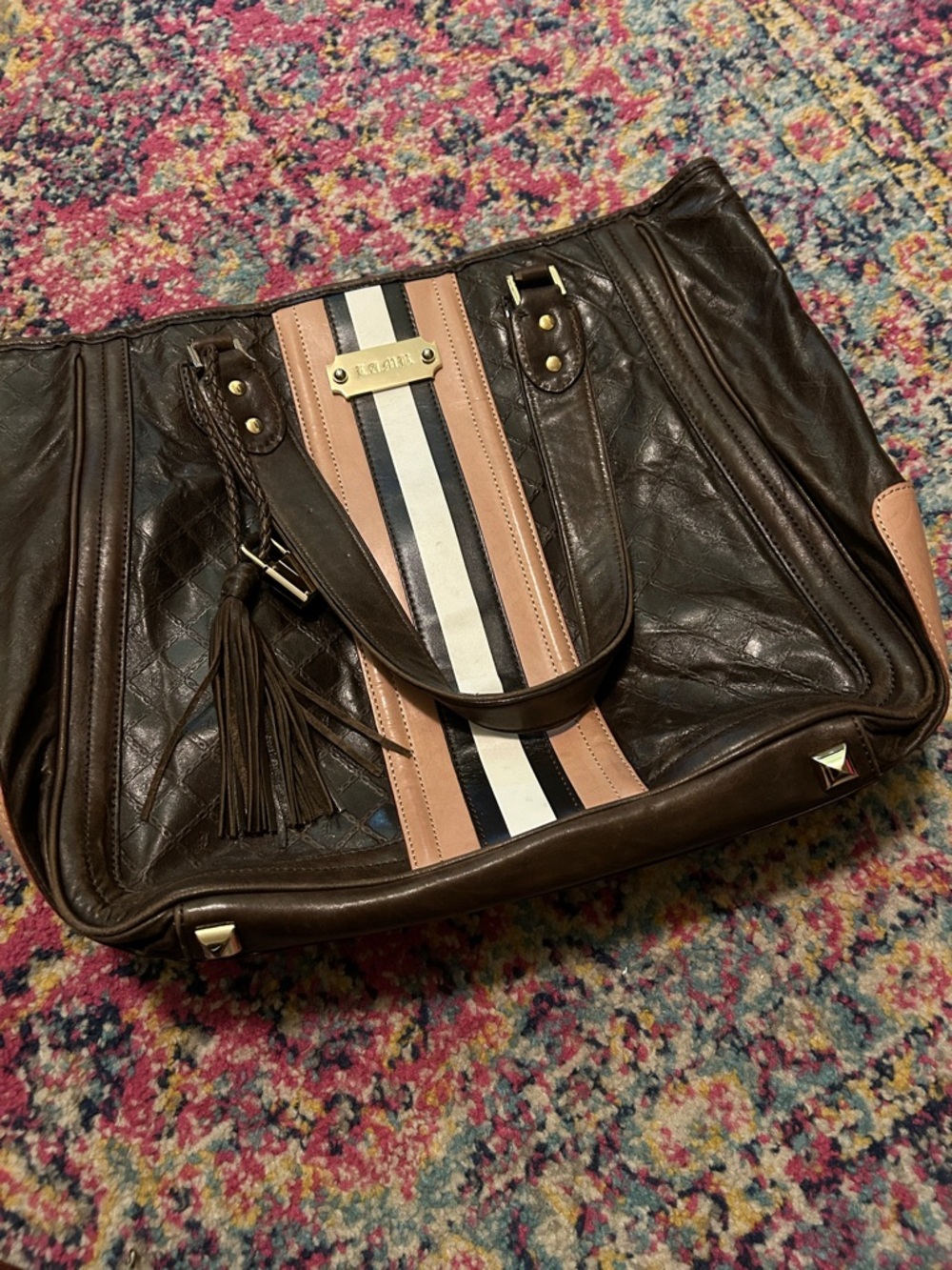 L.A.M.B. Lauren Brown and Blush Stripe Leather Tote with Tassel